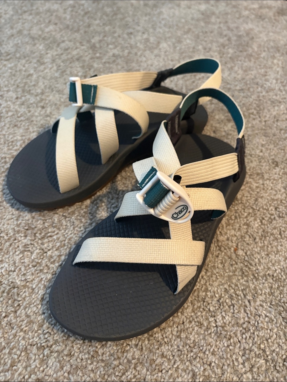 Chaco Sandals Cream Straps with Navy Footbed and Teal Accents